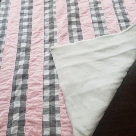 New Baby Girl Quilt, Shower Gift Handmade Crib Lap Blanket Pink Grey Plaid - Picture 2 of 5